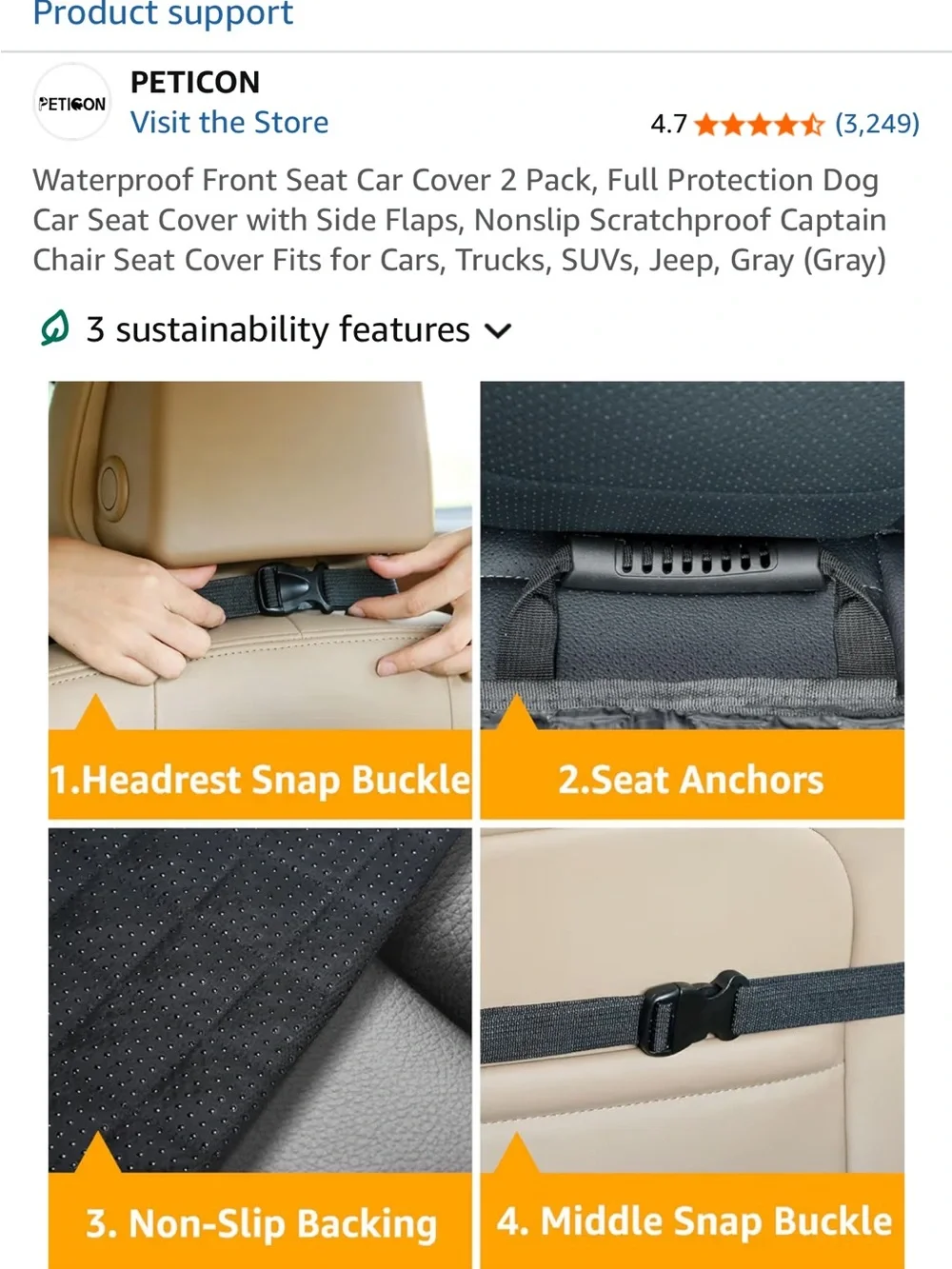 PETICON Quilted Waterproof Front Seat Car Covers - Gray (2 Pack)